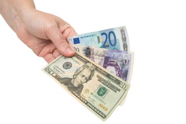 Banknotlarla el, sterlin, dolar ve avro, yakın plan ve boşluk kopyala 