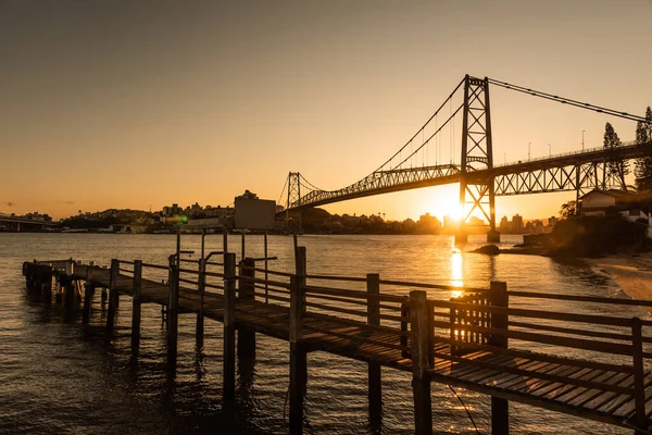 Kábel Maradt Híd Hercilio Luz Florianopolis Santa Catarina Brazília Naplementekor — Stock Fotó