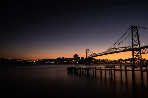 Kábel Maradt Híd Hercilio Luz Florianopolis Santa Catarina Brazília Naplementekor — Stock Fotó