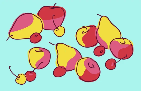 Bodegón Vectorial Con Peras Manzanas Cereza Composición Frutas Maduras Bayas — Archivo Imágenes Vectoriales