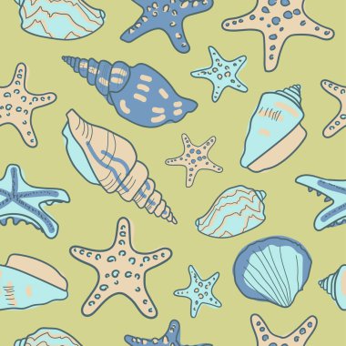 Deniz kabukları ve deniz balıklarıyla kusursuz desen. Denizci geçmişi. Robot resim tarzında vektör illüstrasyonu. Selamlama, davetiye, ambalaj kağıdı, tekstil, düğün ve web tasarımı için mükemmel.
