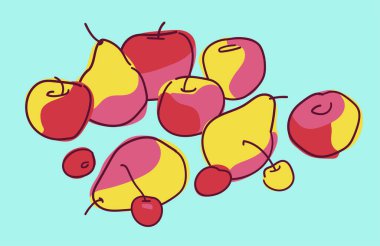 Armutlarla, elmalarla ve kirazlarla dolu bir hayat sür. Hafif bir zemin üzerinde olgun meyve ve böğürtlen bileşimi. Organik gıda tasarımı.