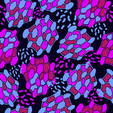 Siyah bir arkaplan üzerinde canlı geometrik şekillerin soyut, pürüzsüz deseni, tekstil veya baskı için tasarımı.