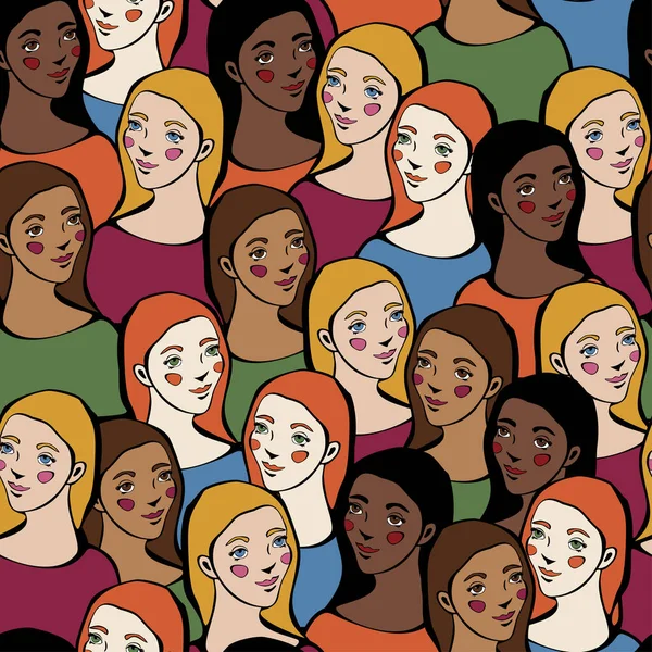 Vector Seamless Pattern Women Faces Women Different Nationalities Cultures Concept — Stock Vector