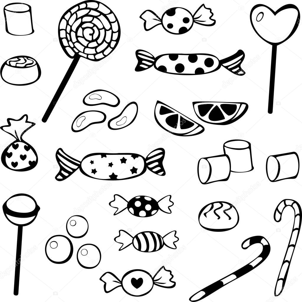Vector collection of candies. Set of sweets in black and white colors. Design concept for sweets shop or coloring book.