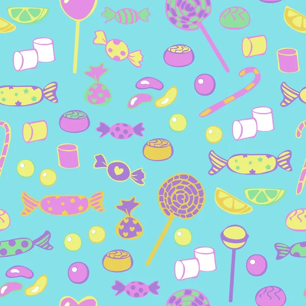 不同糖果的矢量无缝图案 色彩艳丽 背景鲜明蓝色 糖果店的设计理念 — 图库矢量图片
