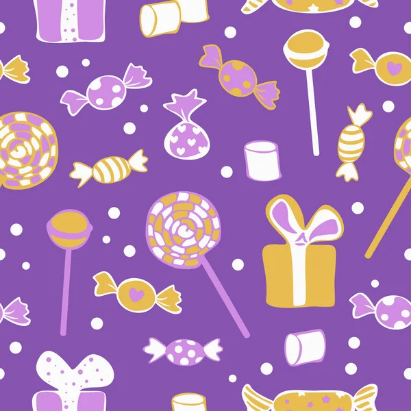 不同糖果 棒棒糖和礼品盒的矢量无缝图案 色彩艳丽 背景鲜明紫色 糖果店的设计理念 — 图库矢量图片