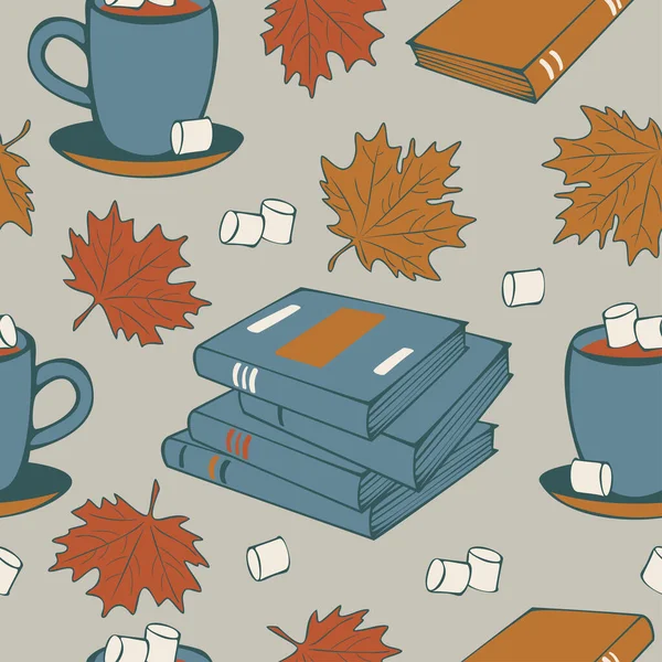 Бесшовный Рисунок Книг Осенние Кленовые Листья Чашки Какао Зефиром Осенний — стоковый вектор