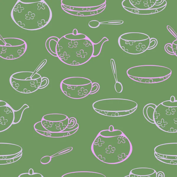 Векторный Бесшовный Рисунок Посуды Чая Питья Чашки Кружки Чайник Сахарная — стоковый вектор