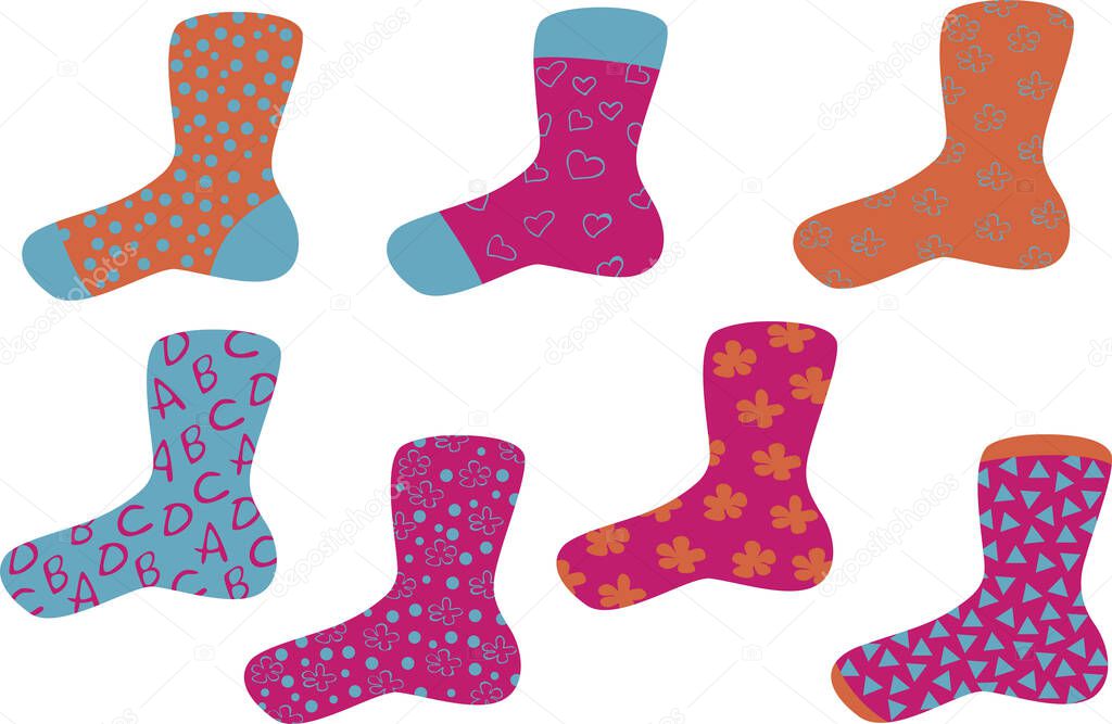 Vector set of colorful socks filled with patterns isolated on white background. Vector socks design.