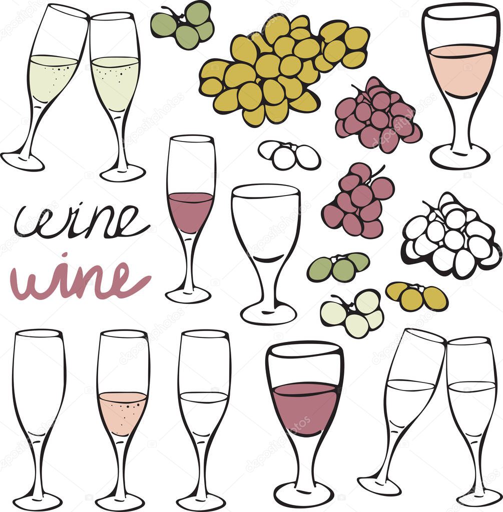 Vector hand drawn set of wineglasses, grapes and glassware. Vector illustration collection for restaurant.