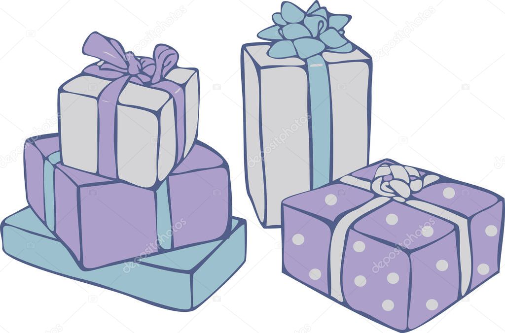 Vector still life with colorful gift boxes isolated on white background. Gitfs concept for New Year.