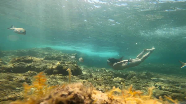 Νεαρή Γυναίκα Snorkelling Costa Brava — Φωτογραφία Αρχείου