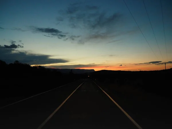 Vue Une Route Nuit Avec Coucher Soleil — Photo