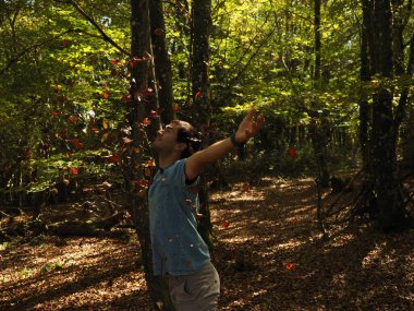 Parka yaprak atan genç adam.