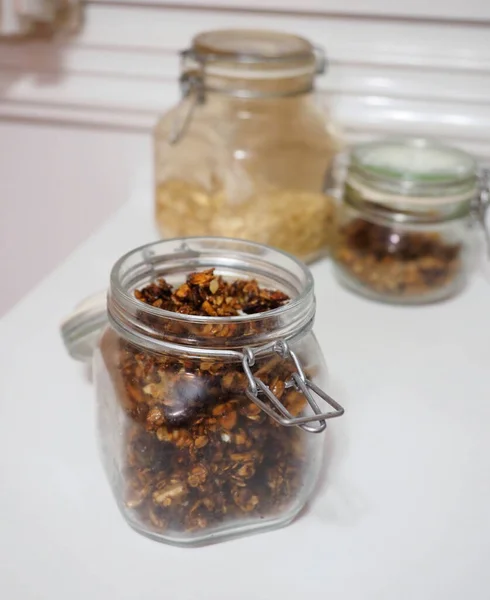 Tarro Vidrio Con Muesli Hecho Casa — Foto de Stock