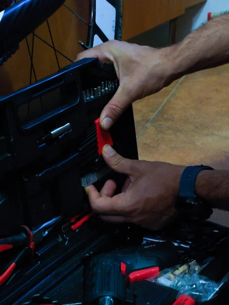 Hand Man Taking Tool Tool Box — Stock Photo, Image