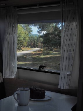 Dağlardaki seyyar bir evin penceresinden bak