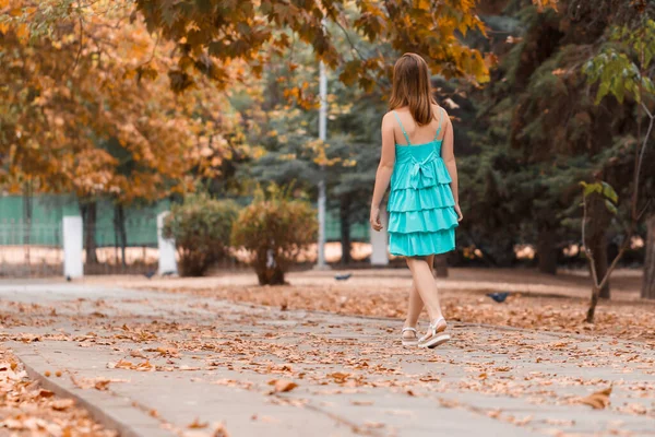 Очаровательная молодая девушка в синем платье гуляет в осеннем парке. Вид сзади. Одинокая блондинка с распущенными волосами. Осень упала золотые листья — стоковое фото