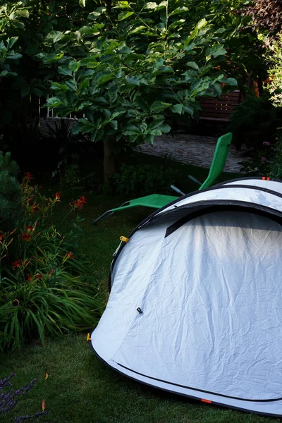 Bright Blue Tent Set Morning Grass Backyard Garden — Stock Photo, Image