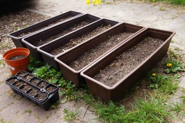 Şehir bahçesinde topraklı kutular