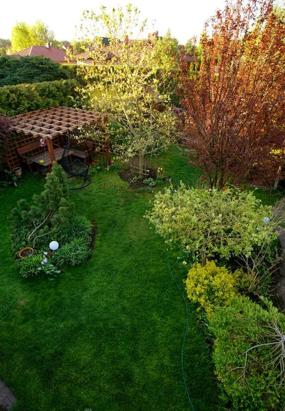 Vista Superior Del Jardín Del Patio Trasero Con Cenador Césped — Foto de Stock