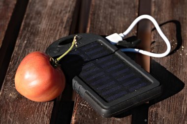 Güneş enerjisi bankası ve domates tam güneş altında ahşap masada.