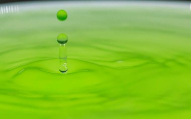 Yeşil suda yeşil renk damlaları, yaratıcı soyut formlar.