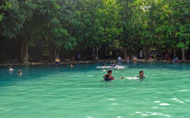 Krabi, Tayland - 28 Mart 2019: Ulusal su parkında kristal mavi zümrüt havuzu. Vatandaşlar ve turistler güneşli bir günün ve yüzmenin tadını çıkarıyorlar.