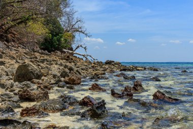 Tayland adası kayalık sahil şeridi, kristal mavi berrak su dalgaları