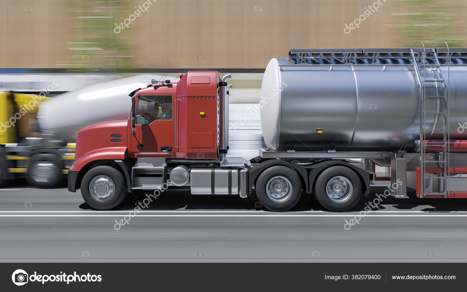 Fuel Tanker Alongside Cement Mixer Broad Daylight Rendering Stock