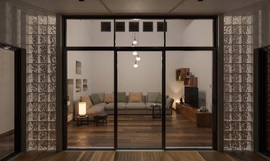 Veranda 3D Sunumuyla Aydınlatılmış Gece Saati Oturma Odası Hazırlama