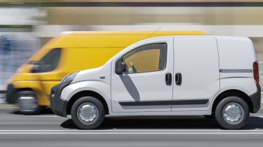Beyaz Mini Minibüs ve Sarı Teslimat Minibüsü, Gündüz 3 Boyutlu Görüntü 'de Ana Cadde' de