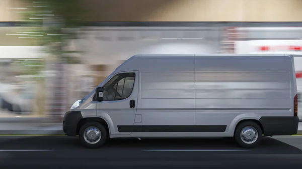 White Delivery Van High Street Evening Rendering — Stock Photo, Image