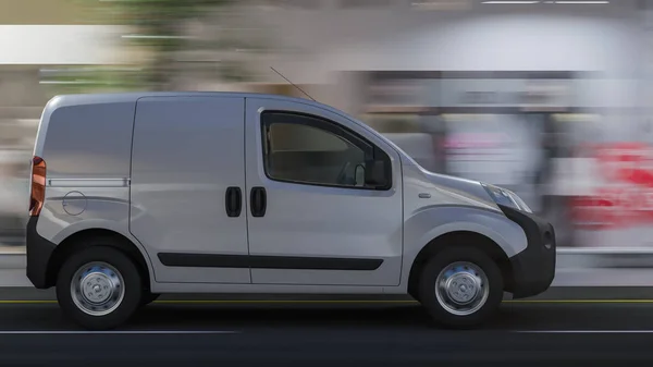 Beyaz Mini Minibüs Ana Cadde Akşam Boyutlu — Stok fotoğraf