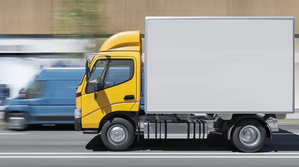 White Cargo Truck Yellow Cabin Blue Delivery Van Move Rendering — 스톡 사진