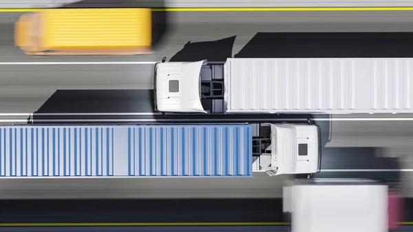 Top View Semi Trucks Blue White Containers Move Broad Daylight — 스톡 사진