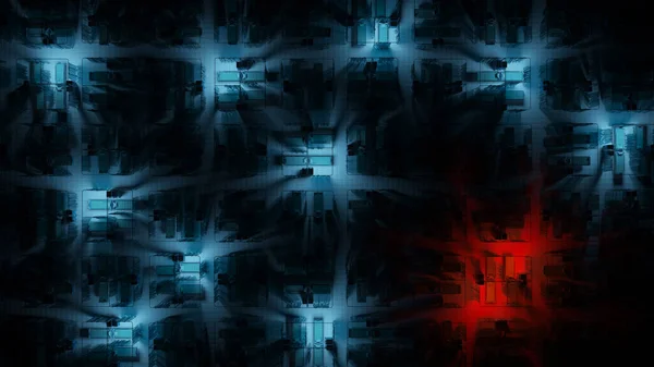 Top View of Hospital Beds Illuminated by Blue and Red Lights in the Dark 3D Rendering