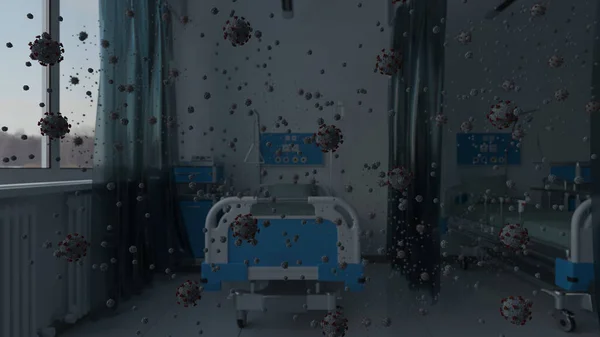Virüs Parçacıkları Dim Light Yapılandırmasıyla Kirlenmiş Tıbbi Oda — Stok fotoğraf