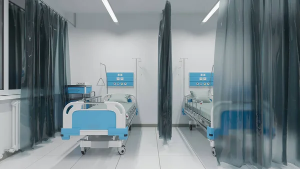 Кровати Пациентов Разделенные Занавесками Ночной Наружной Визуализацией — стоковое фото