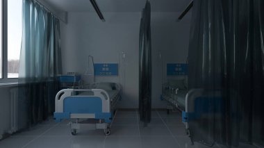 Perde ve sağlık ekipmanları ile çevrili boş tıbbi yataklar Loş Gün Işığı 3D Hazırlama