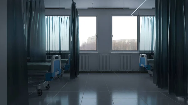 Dzień Pokoju Szpitalnym Łóżkami Zasłonami Rendering — Zdjęcie stockowe