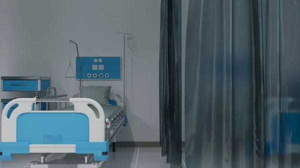カーテンで区切られたベッド付きの病院ルームの一部3Dレンダリング — ストック写真