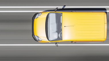 Sarı Mini Minibüsün Üst Görünümü Gün Işığı 3B Görünümünde Yola Devam Ediyor