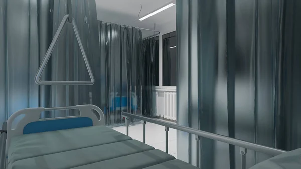 Perdelerin Arkasındaki Tıbbi Yatak Aydınlanmış Hastane Koğuşu — Stok fotoğraf