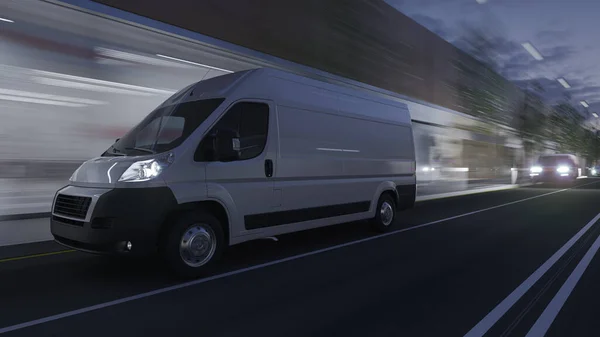 White Delivery Van Moving Road Dim Evening Light Rendering — Stock Photo, Image
