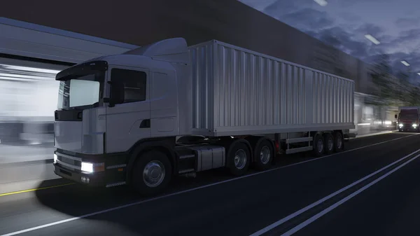 White Container Truck Moving Road Evening Light Rendering — 스톡 사진