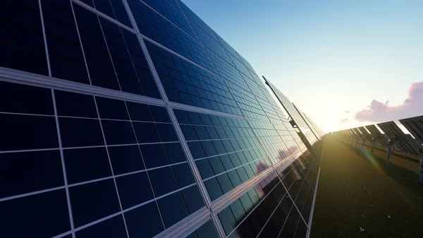 Campo Del Panel Solar Con Una Llamarada Brillante —  Fotos de Stock
