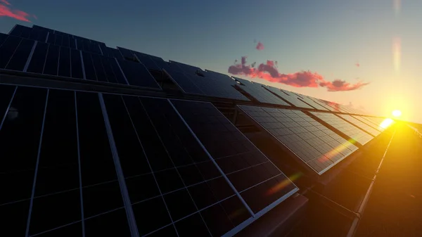 Ferme Panneaux Solaires Sous Ciel Soir — Photo