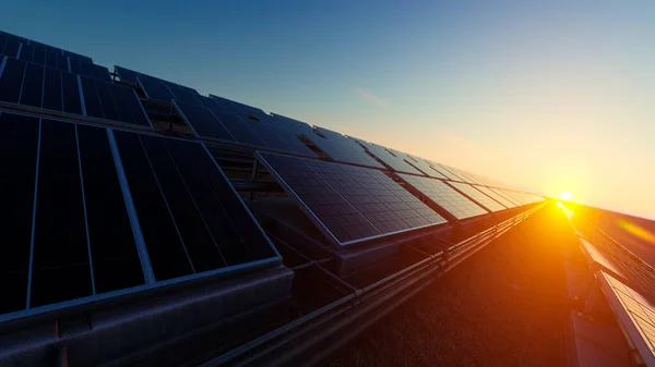 Solar Panels Field Sun Set Rendering — стокове фото